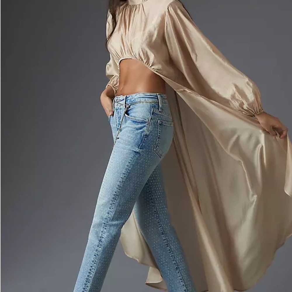 Anthropologie Satin Champagne Long-Sleeve Duster Crop Top